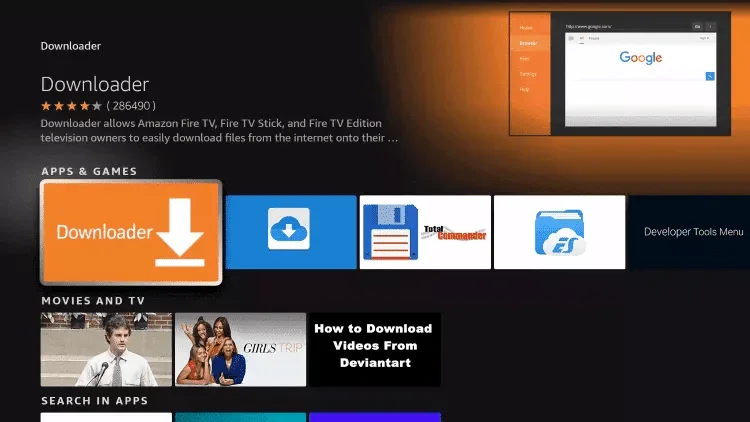 Choosing Downloader app on Firestick